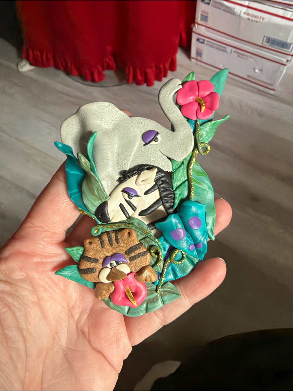 Handcrafted polymer Decorative Figurine - Teal, Gray, Brown brooch